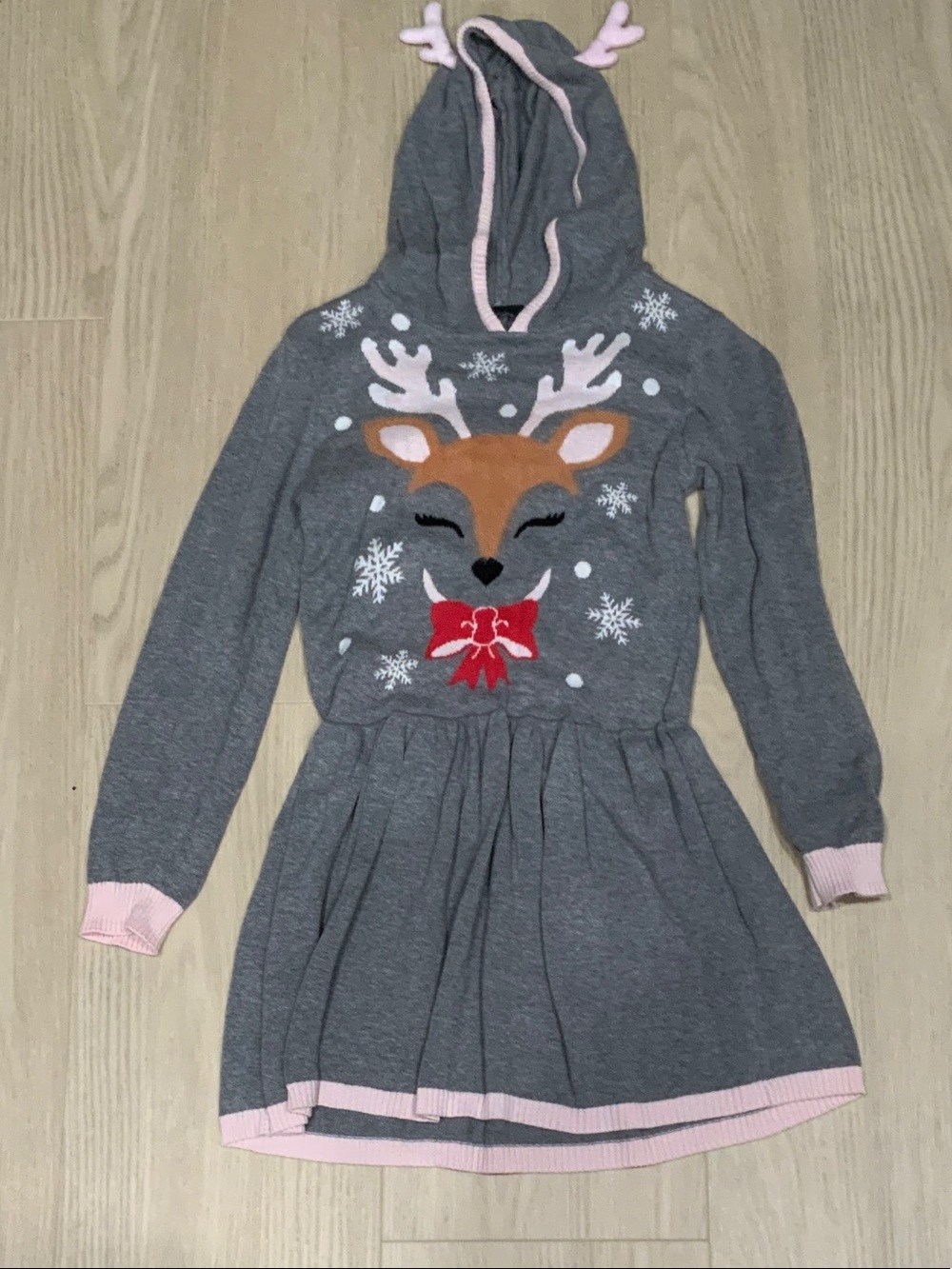 Grey Hoodie Christmas Dress Reindeer Pink detail girls sweater knit dress  8-10